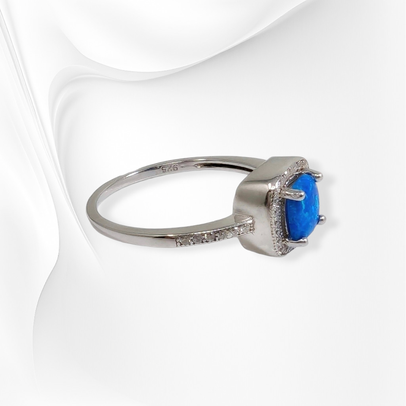 925 Sterling Silver Women's Ring with Authentic Blue Opal and Cubic Zirconia Crystals