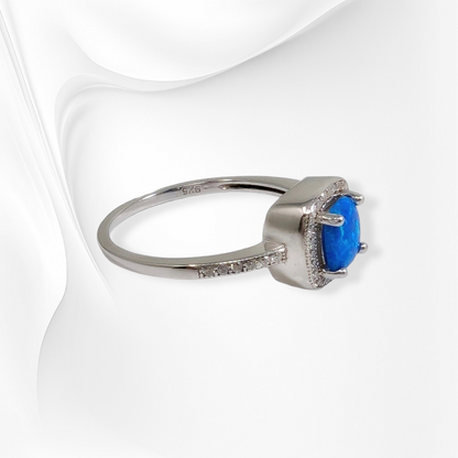 925 Sterling Silver Women's Ring with Authentic Blue Opal and Cubic Zirconia Crystals