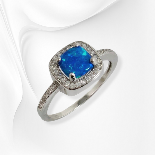925 Sterling Silver Women's Ring with Authentic Blue Opal and Cubic Zirconia Crystals