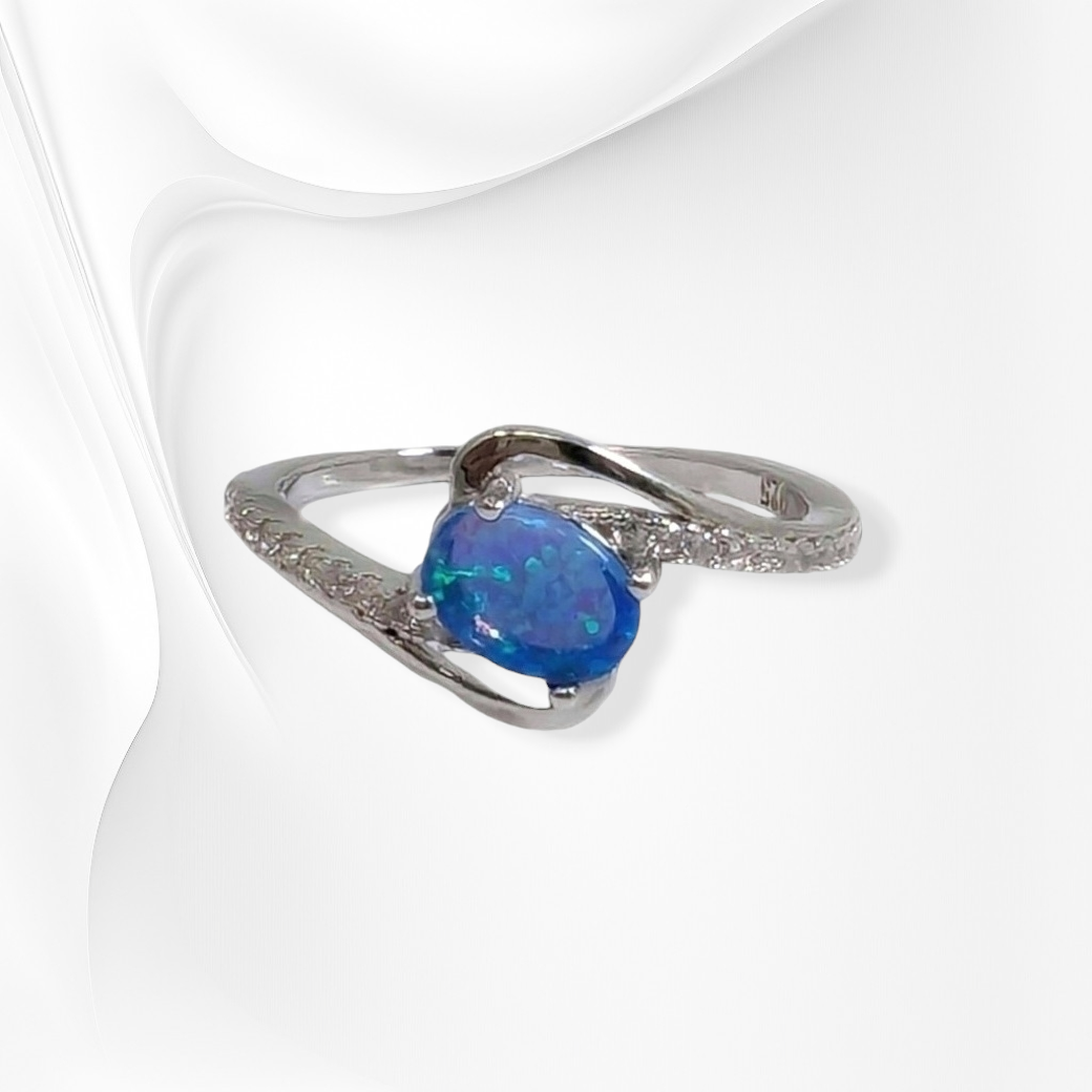 925 Sterling Silver Women's Ring with Authentic Blue Opal and Cubic Zirconia Crystals