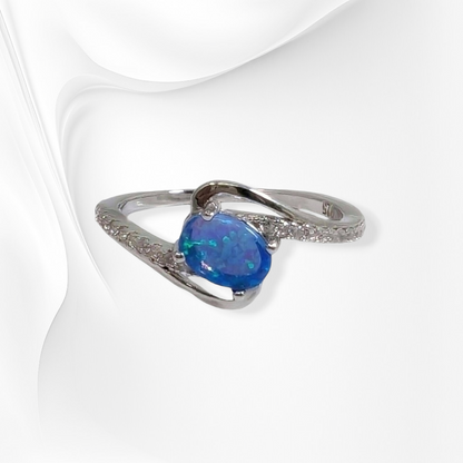 925 Sterling Silver Women's Ring with Authentic Blue Opal and Cubic Zirconia Crystals