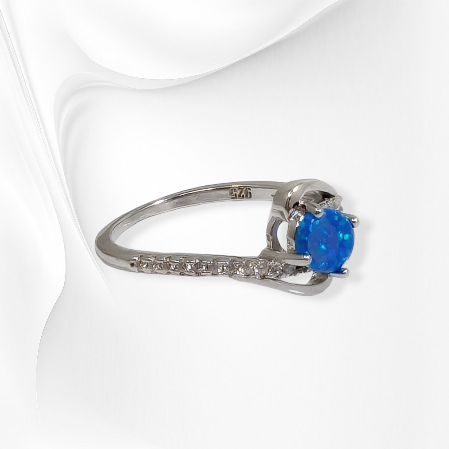 925 Sterling Silver Women's Ring with Authentic Blue Opal and Cubic Zirconia Crystals