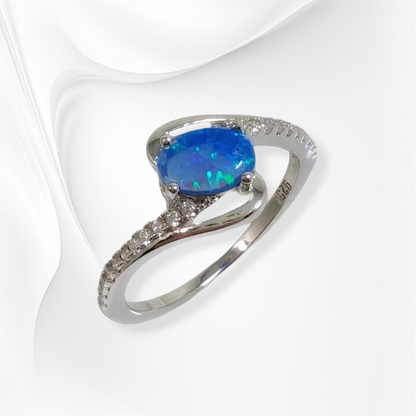 925 Sterling Silver Women's Ring with Authentic Blue Opal and Cubic Zirconia Crystals