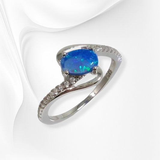 925 Sterling Silver Women's Ring with Authentic Blue Opal and Cubic Zirconia Crystals