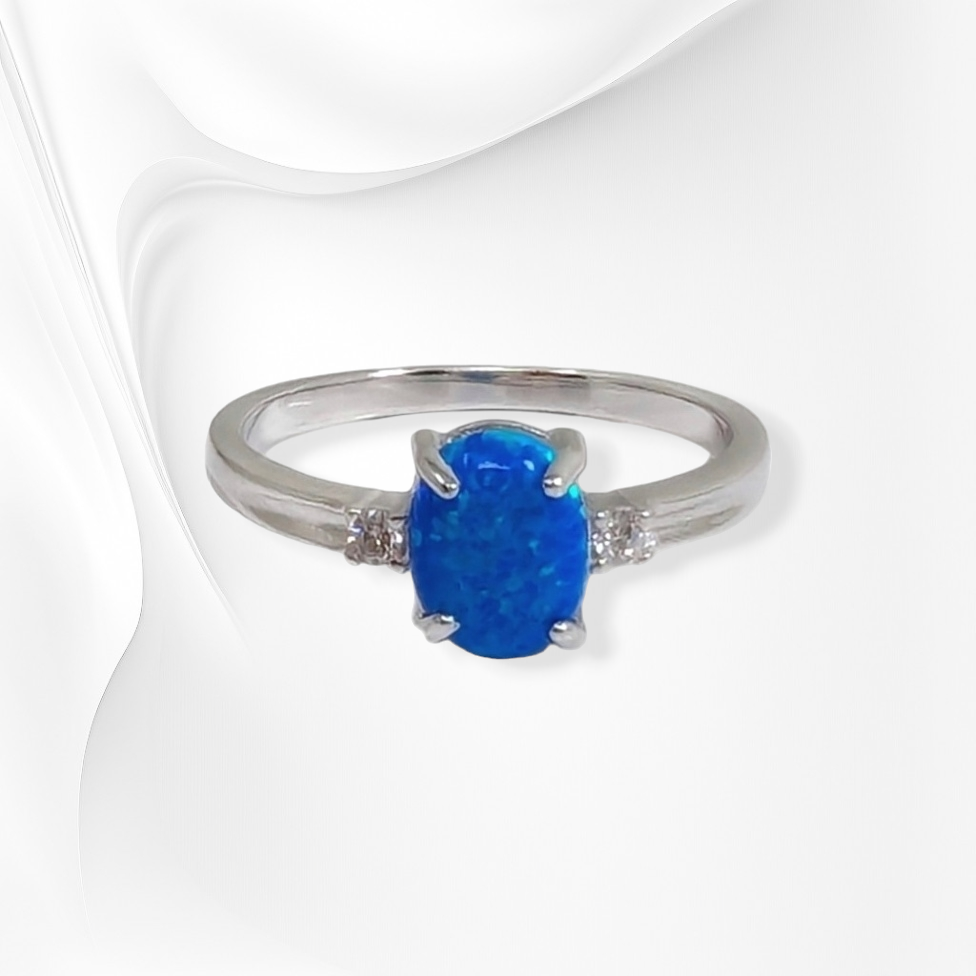 925 Sterling Silver Women's Ring with Authentic Blue Opal and Cubic Zirconia Crystals