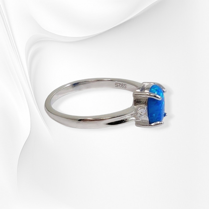 925 Sterling Silver Women's Ring with Authentic Blue Opal and Cubic Zirconia Crystals