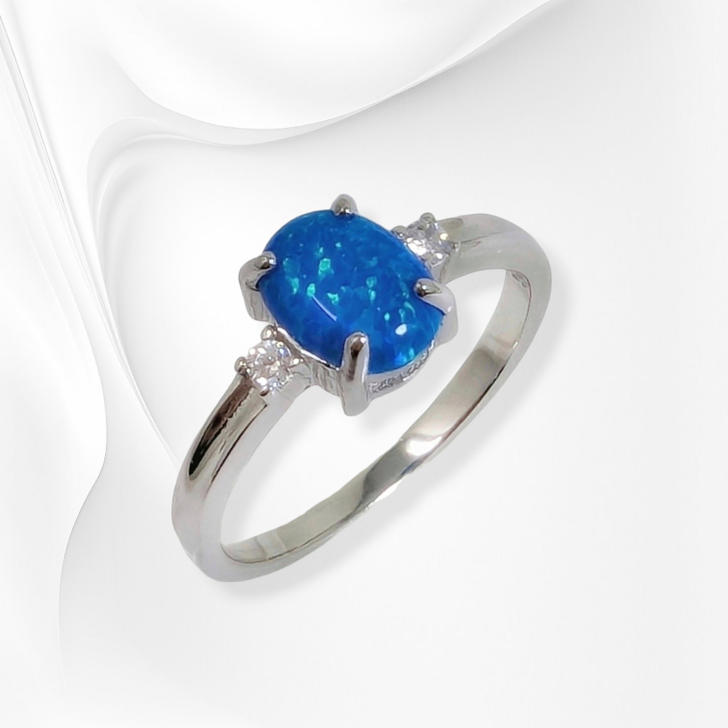 925 Sterling Silver Women's Ring with Authentic Blue Opal and Cubic Zirconia Crystals