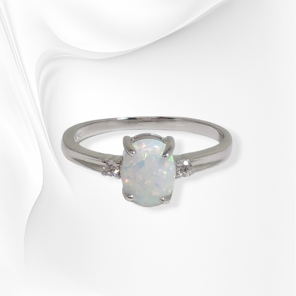 925 Sterling Silver Women's Ring with Authentic White Opal and Cubic Zirconia Crystals