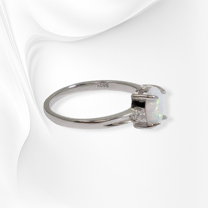 925 Sterling Silver Women's Ring with Authentic White Opal and Cubic Zirconia Crystals