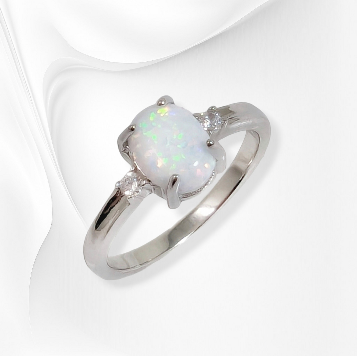 925 Sterling Silver Women's Ring with Authentic White Opal and Cubic Zirconia Crystals