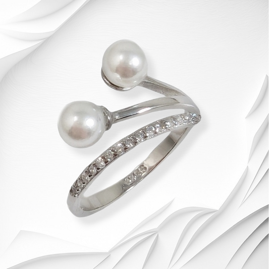 925 Sterling Silver Women's Ring with Authentic Freshwater Pearl and Cubic Zirconia Crystals