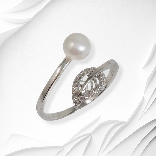 925 Sterling Silver Women's Ring with Authentic Freshwater Pearl and Cubic Zirconia Crystals