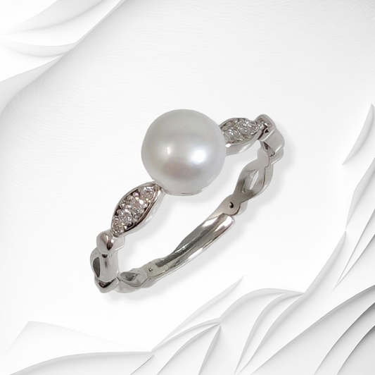 925 Sterling Silver Women's Ring with Authentic Freshwater Pearl and Cubic Zirconia Crystals