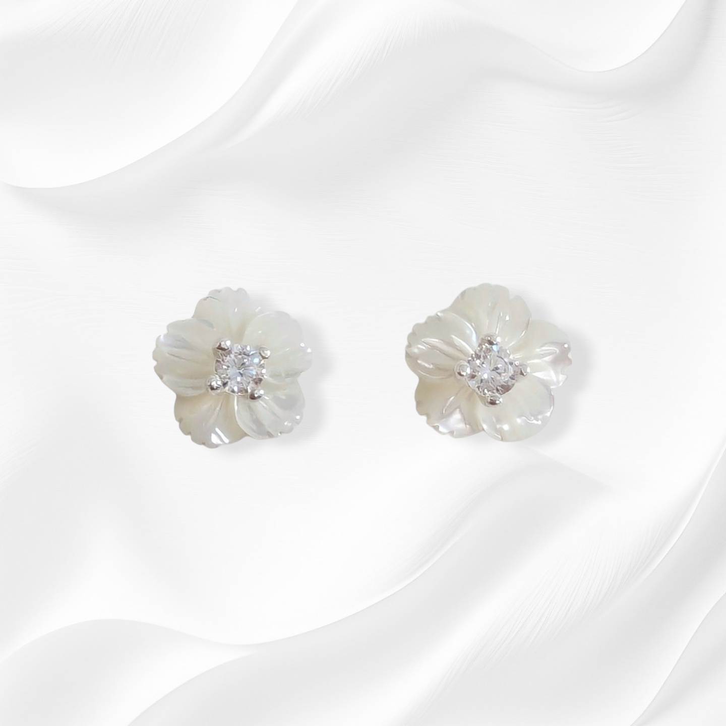 925 Sterling Silver Stud Earrings with Authentic Mother of Pearl and Cubic Zirconia Crystals