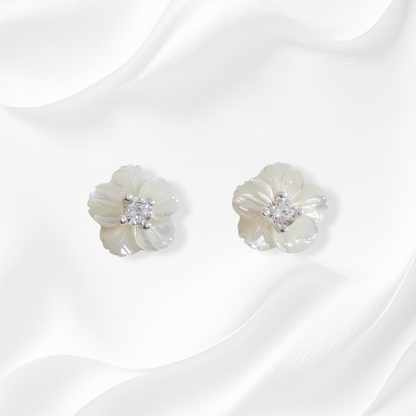 925 Sterling Silver Stud Earrings with Authentic Mother of Pearl and Cubic Zirconia Crystals