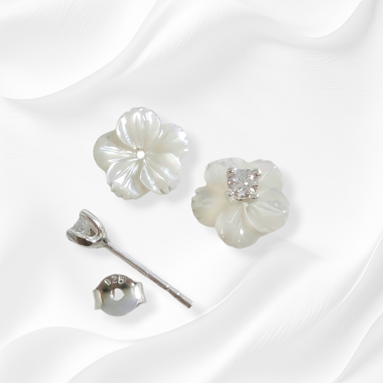 925 Sterling Silver Stud Earrings with Authentic Mother of Pearl and Cubic Zirconia Crystals