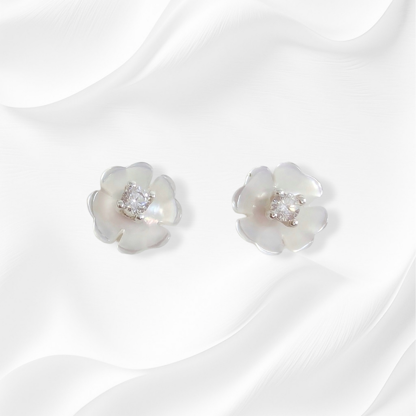 925 Sterling Silver Stud Earrings with Authentic Mother of Pearl and Cubic Zirconia Crystals