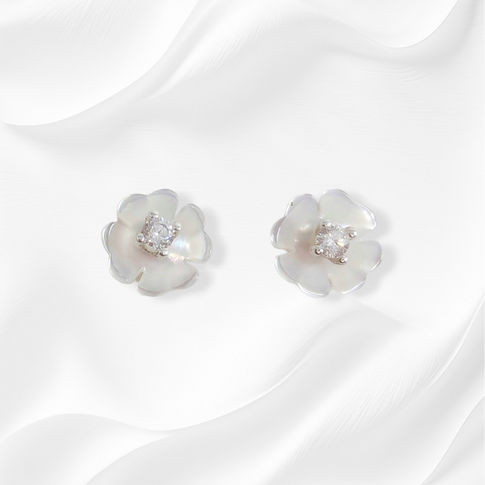 925 Sterling Silver Stud Earrings with Authentic Mother of Pearl and Cubic Zirconia Crystals