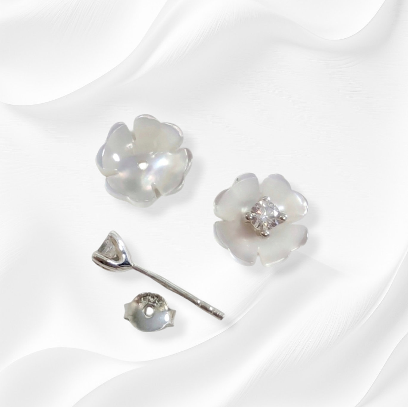 925 Sterling Silver Stud Earrings with Authentic Mother of Pearl and Cubic Zirconia Crystals