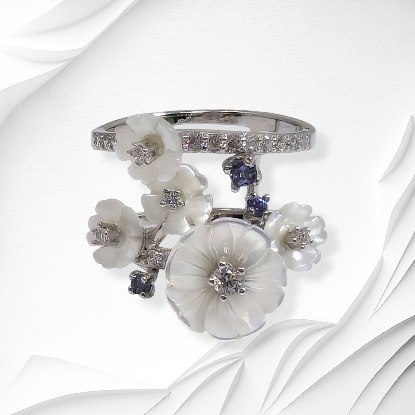 925 Sterling Silver Women's Ring with Authentic Mother of Pearl, Cubic Zirconia and Tanzanite Gemstones