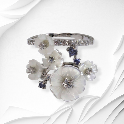 925 Sterling Silver Women's Ring with Authentic Mother of Pearl, Cubic Zirconia and Tanzanite Gemstones
