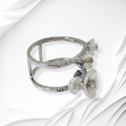 925 Sterling Silver Women's Ring with Authentic Mother of Pearl, Cubic Zirconia and Tanzanite Gemstones