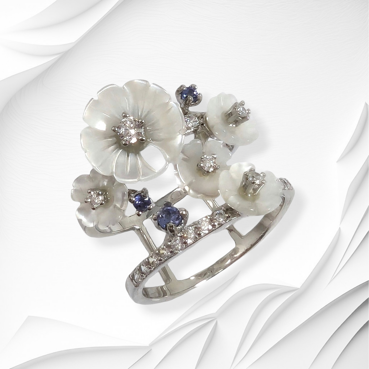 925 Sterling Silver Women's Ring with Authentic Mother of Pearl, Cubic Zirconia and Tanzanite Gemstones