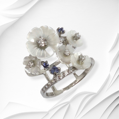 925 Sterling Silver Women's Ring with Authentic Mother of Pearl, Cubic Zirconia and Tanzanite Gemstones