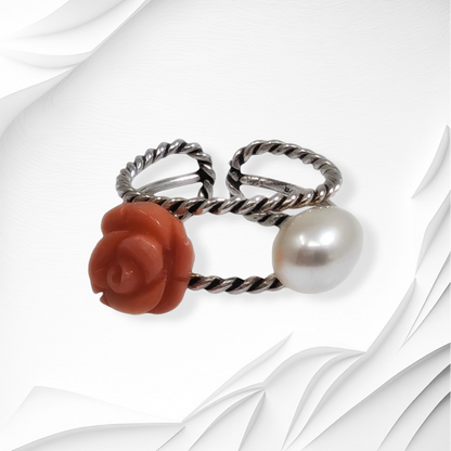 925 Sterling Silver Women's Ring with Authentic Coral and Freshwater Pearl