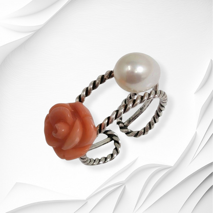 925 Sterling Silver Women's Ring with Authentic Coral and Freshwater Pearl