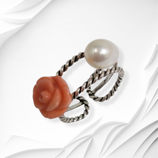 925 Sterling Silver Women's Ring with Authentic Coral and Freshwater Pearl