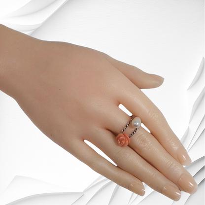 925 Sterling Silver Women's Ring with Authentic Coral and Freshwater Pearl