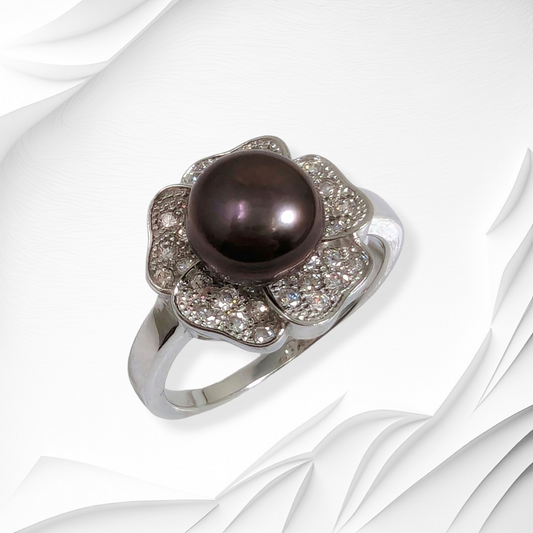 925 Sterling Silver Women's Ring with Authentic Freshwater Pearl and Cubic Zirconia Crystals