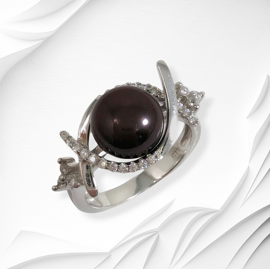 925 Sterling Silver Women's Ring with Authentic Freshwater Pearl and Cubic Zirconia Crystals