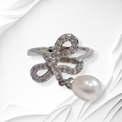 925 Sterling Silver Women's Ring with Authentic Freshwater Pearl and Cubic Zirconia Crystals