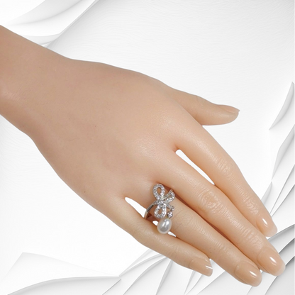 925 Sterling Silver Women's Ring with Authentic Freshwater Pearl and Cubic Zirconia Crystals