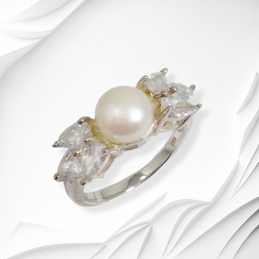 925 Sterling Silver Women's Ring with Authentic Freshwater Pearl and Cubic Zirconia Crystals