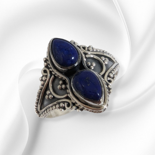 925 Sterling Silver Women's Ring with Authentic Lapis Lazuli Gemstones