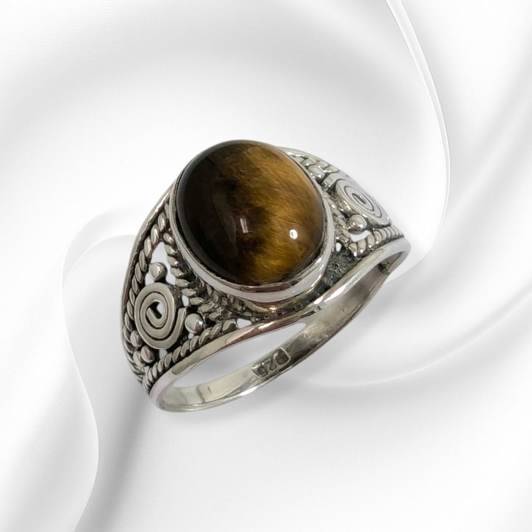 925 Sterling Silver Women's Ring with Authentic Tiger's Eye Gemstone
