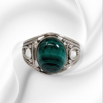 925 Sterling Silver Women's Ring with Authentic Malachite Gemstone
