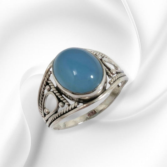 925 Sterling Silver Women's Ring with Authentic Blue Chalcedony Gemstone