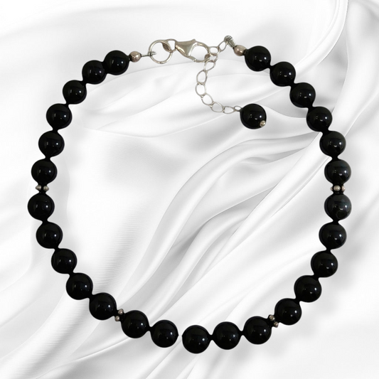 Authentic Black Onyx Gemstones with 925 Sterling Silver Women's Beads Bracelet