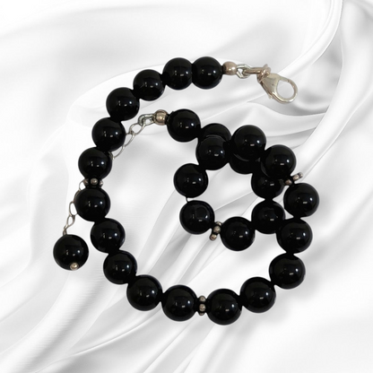 Authentic Black Onyx Gemstones with 925 Sterling Silver Women's Beads Bracelet