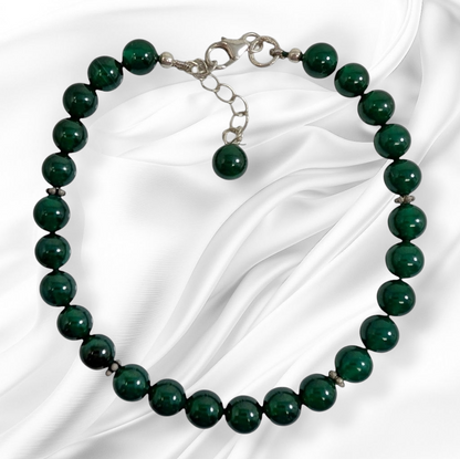 Authentic Green Onyx Gemstones with 925 Sterling Silver Women's Beads Bracelet