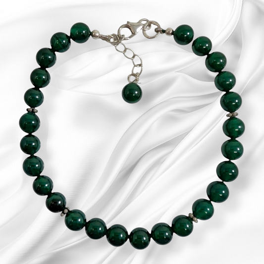 Authentic Green Onyx Gemstones with 925 Sterling Silver Women's Beads Bracelet