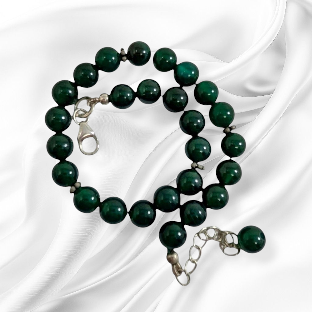 Authentic Green Onyx Gemstones with 925 Sterling Silver Women's Beads Bracelet