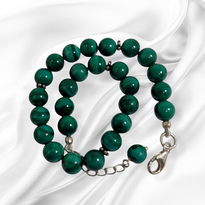 Authentic Malachite Gemstones with 925 Sterling Silver Women's Beads Bracelet