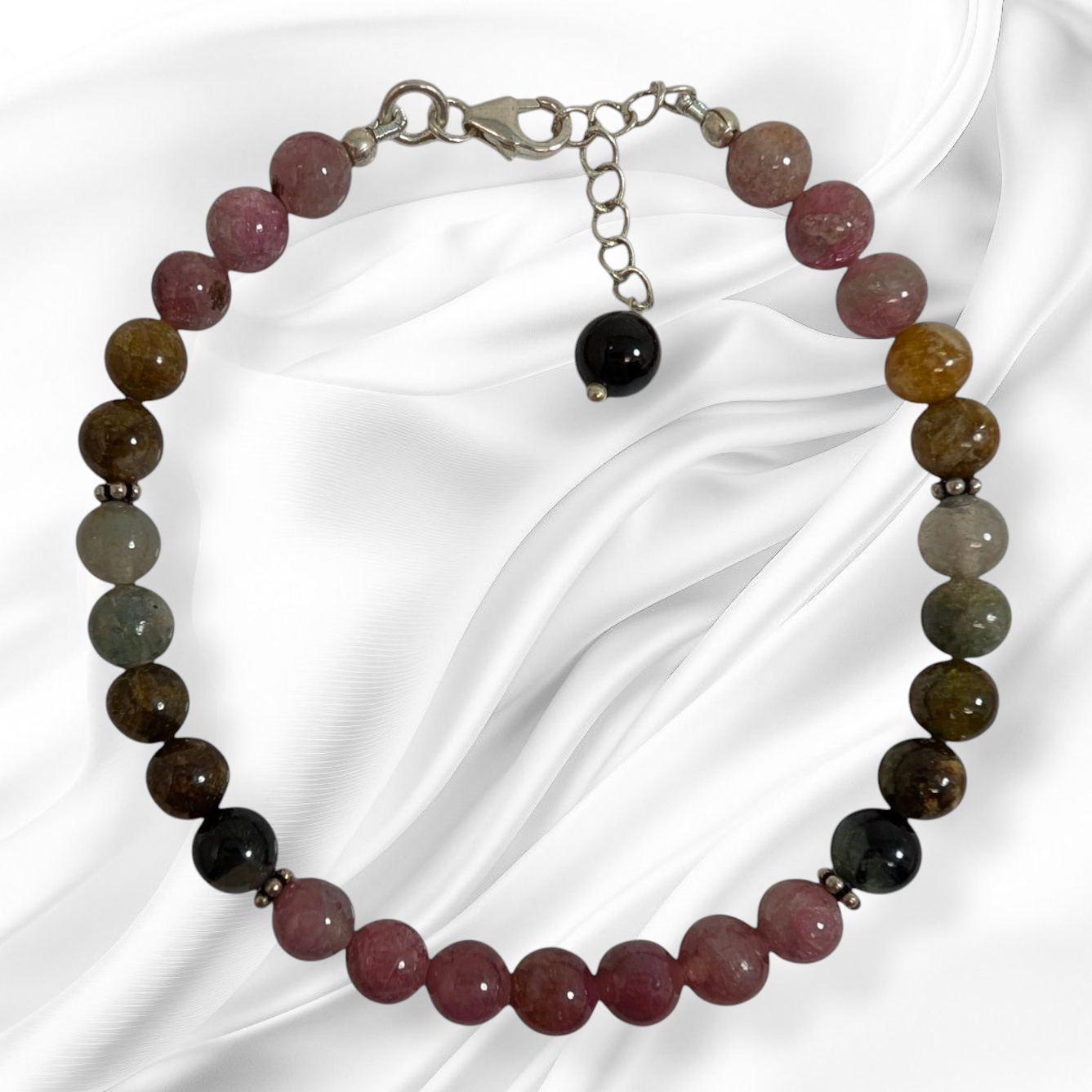 Authentic Tourmaline Gemstones with 925 Sterling Silver Women's Beads Bracelet