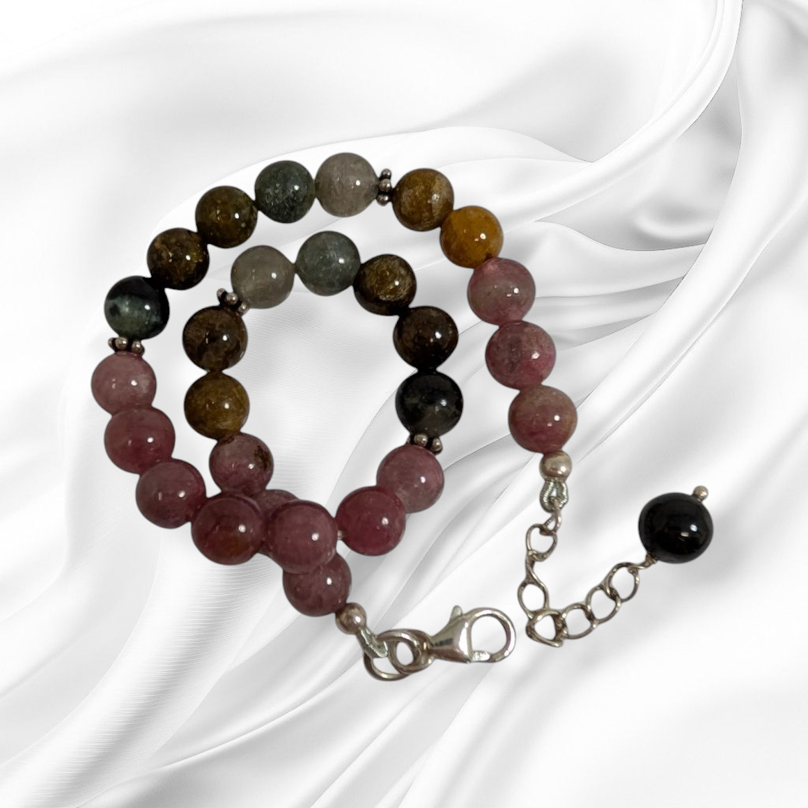 Authentic Tourmaline Gemstones with 925 Sterling Silver Women's Beads Bracelet
