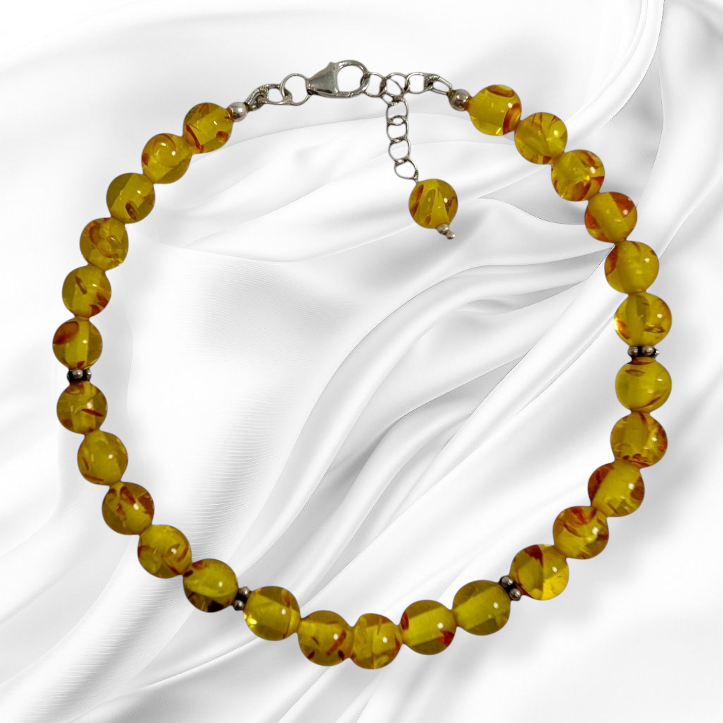 Authentic Natural Amber with 925 Sterling Silver Women's Beads Bracelet